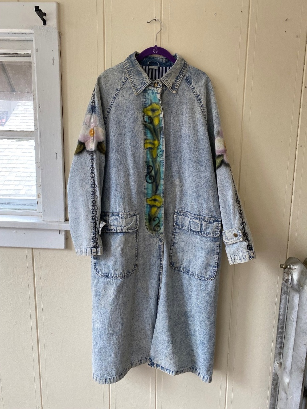 Gitano Emporio Acid Wash Denim Air Brush Floral Trench Coat Oversized Small OOAK